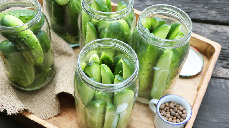 canning jars of fresh homemade pickle spears