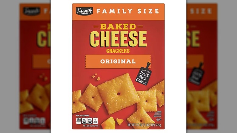 A box of Savortz Family Size Baked Cheese Crackers from Aldi