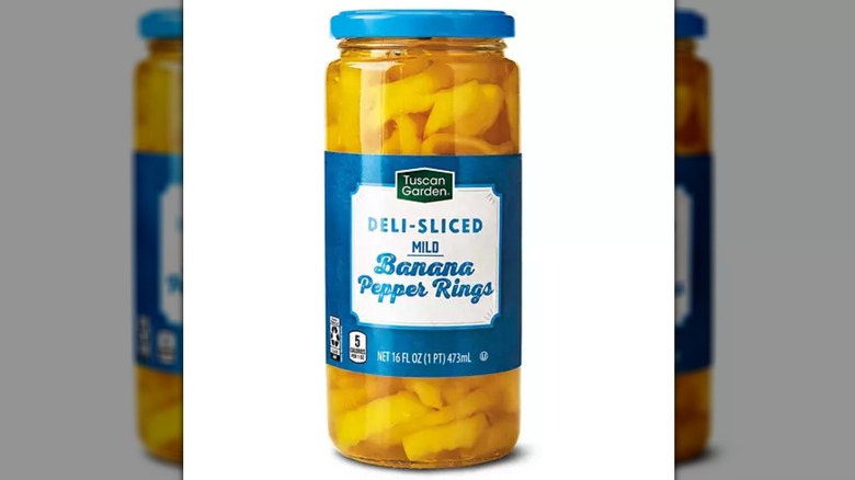 A glass jar of Tuscan Garden Banana Pepper Rings
