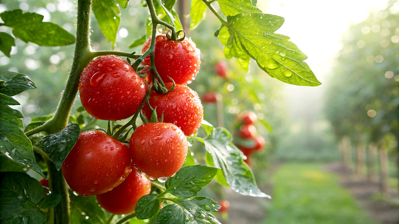 Tomatoes on a vine with water droplets on them.