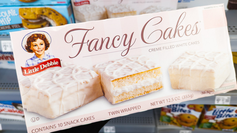 A box of Little Debbie Fancy Cakes