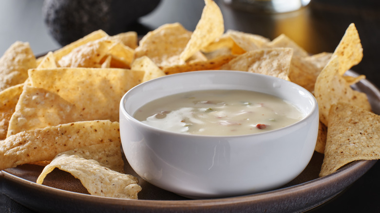 A bowl of queso is plated with chips.