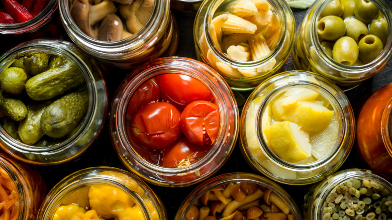 pickled veggies in glass jars, top view