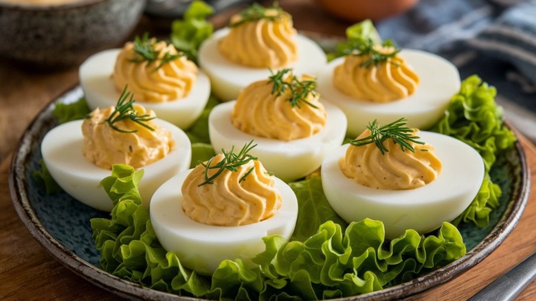 Deviled eggs with fresh herbs on a round serving tray