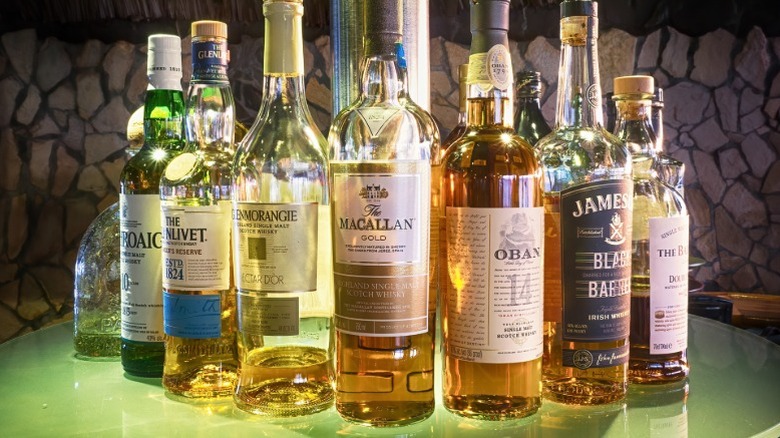 Bottles of top-shelf scotch on a lit-up shelf at a bar.