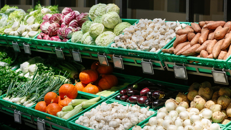 Onions in baskets at store
