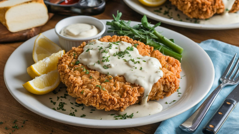 A plate of chicken fried steak with gravy.
