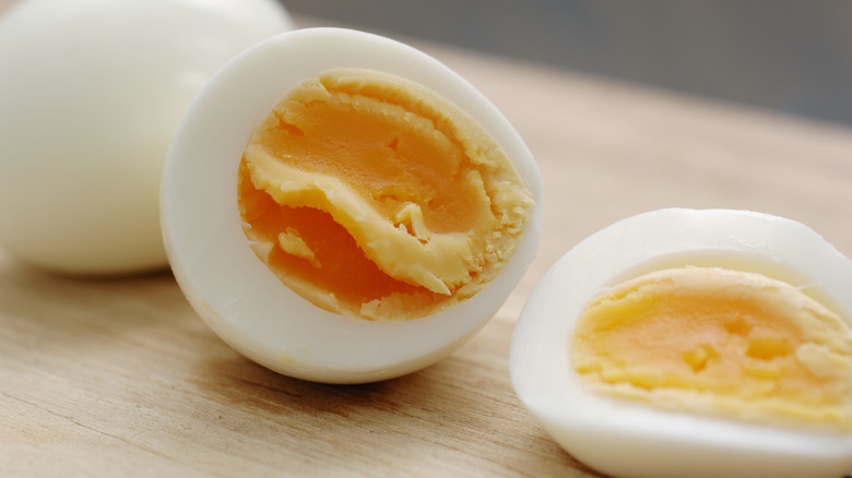 Sliced hard-boiled egg on a countertop