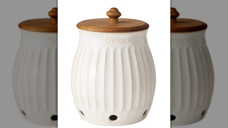 White stoneware onion canister