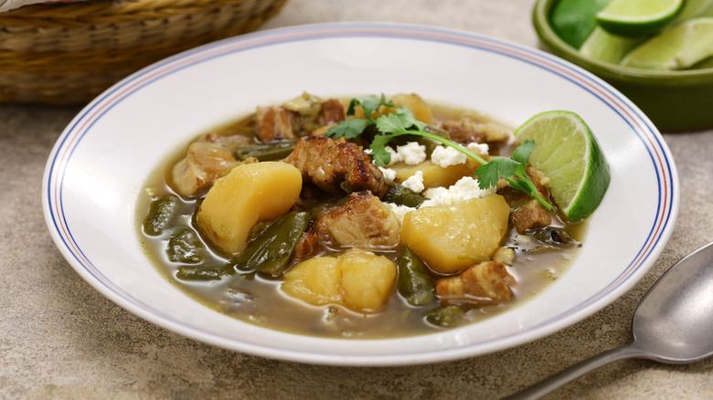 A bowl of New Mexican Hatch chile verde stew
