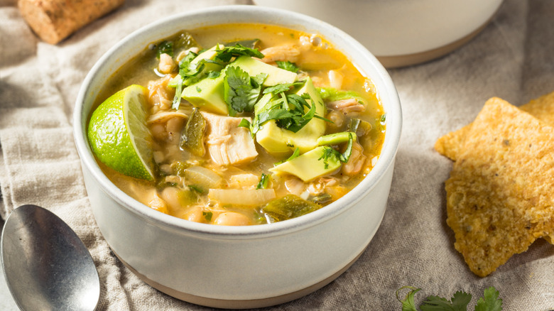 A crock of Southwestern white chicken chili
