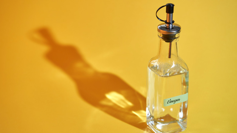 White vinegar in a white bottle set against a yellow background.