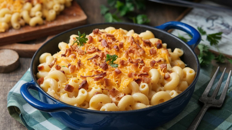 Comforting mac and cheese baked in a blue pot