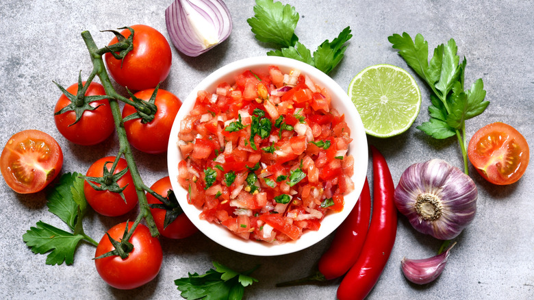 A display of traditional salsa ingredients including tomatoes, peppers, garlic, onion, and cilantro