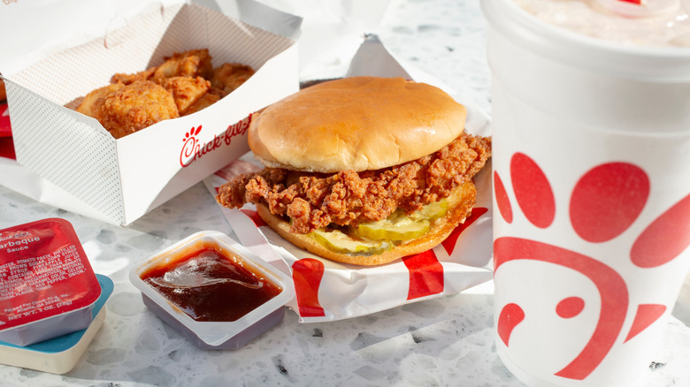 Various Chick-fil-A offerings including a sandwich and dipping sauces