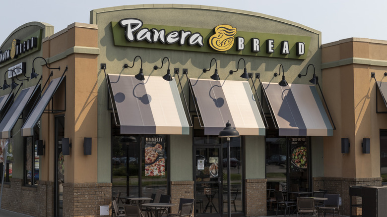 Panera Bread storefront with striped awnings