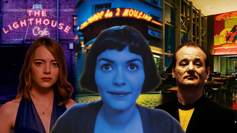 Characters from popular media with corresponding restaurants in the background