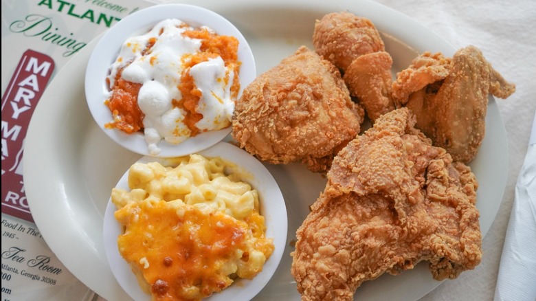 fried chicken, sweet potatoes, and mac and cheese at Mary Mac's Tea Room