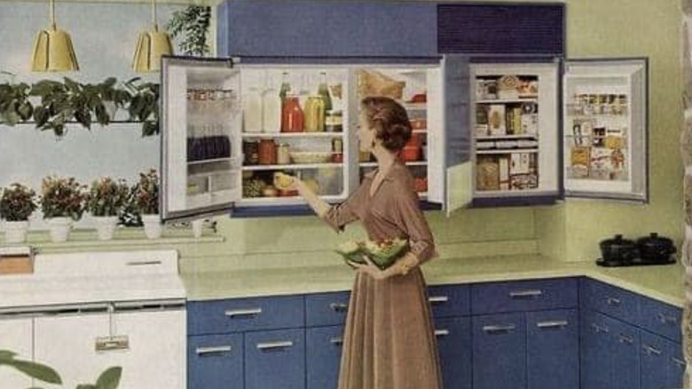 a picture of the GE wall refrigerator-freezer advertisement, a woman opening the cabinets