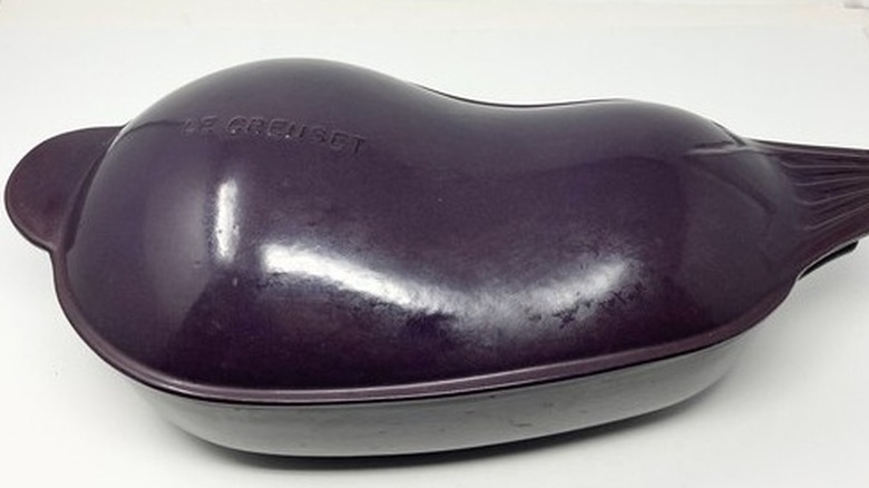 A purple eggplant Dutch oven from Le Creuset.