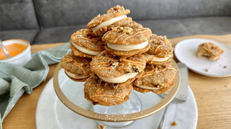 Carrot cake cookie sandwiches on platter