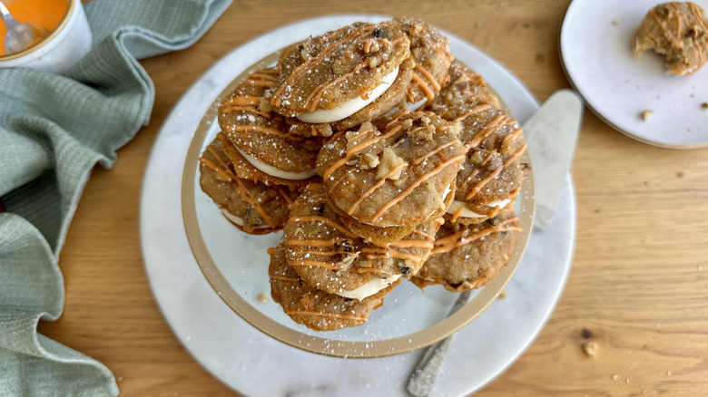 Carrot cake cookie sandwiches on platter