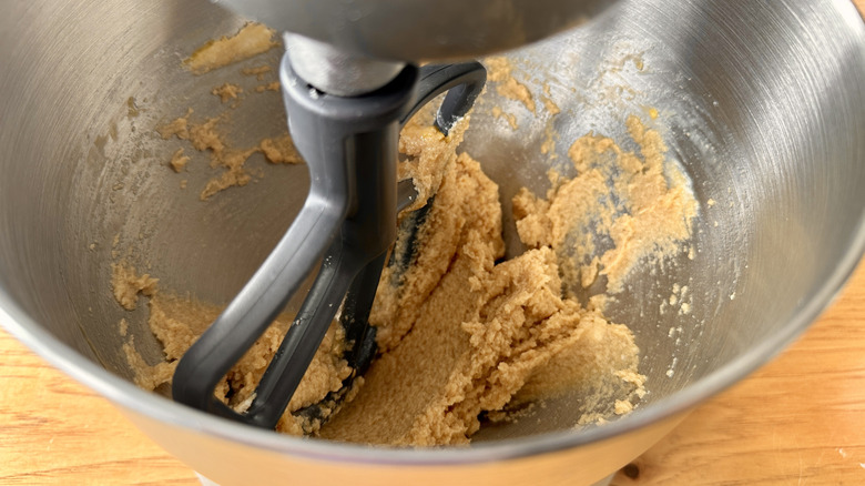 Cookie dough mixing in bowl