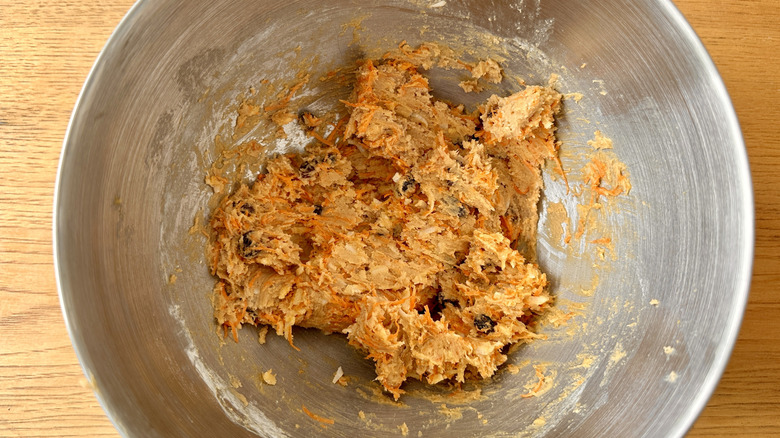 Carrot cake cookie dough in mixing bowl