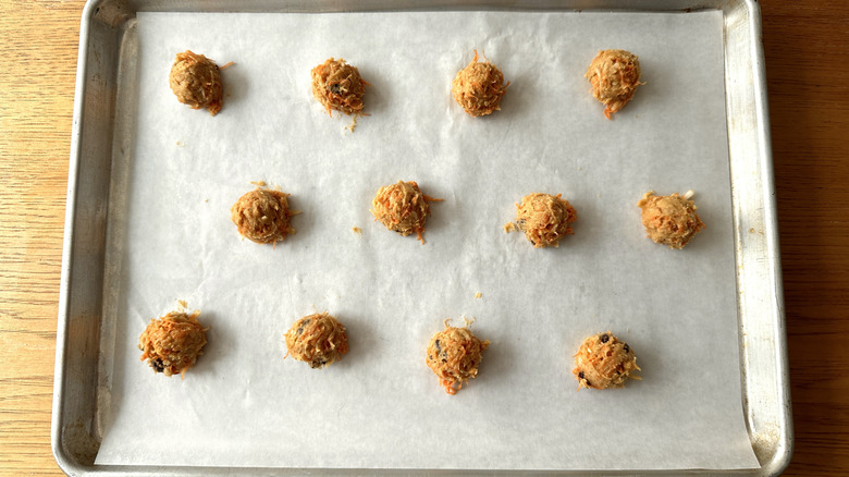 Carrot cake cookies portioned on baking sheet