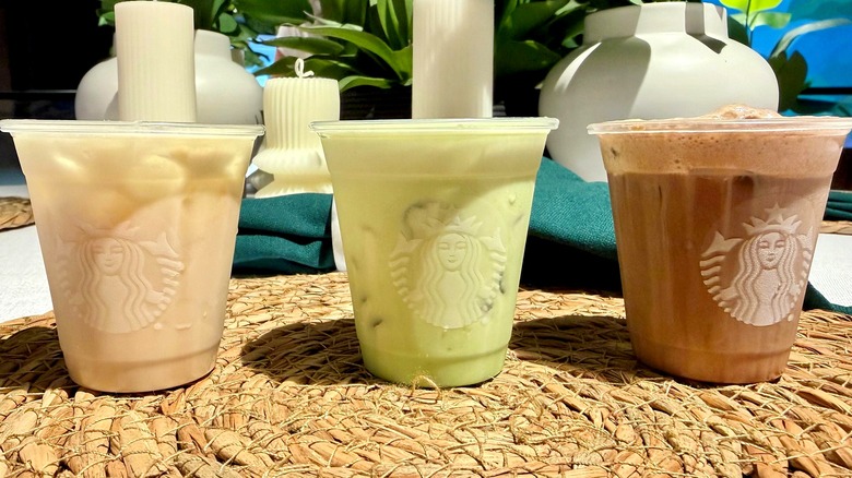 Sample sizes of Starbucks Vanilla Protein Cold Foam, Matcha Protein Cold Foam, and Chocolate Protein Cold Foam drinks