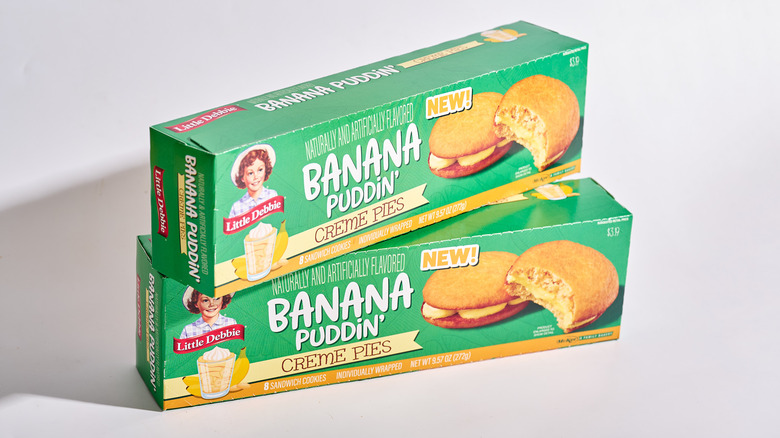 Banana Creme Pie Boxes stacked on a table