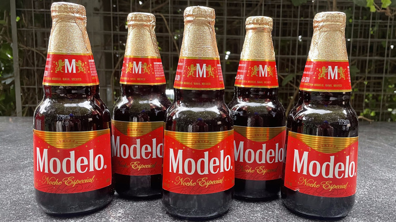 Five bottles of Modelo® Noche Especial lined up