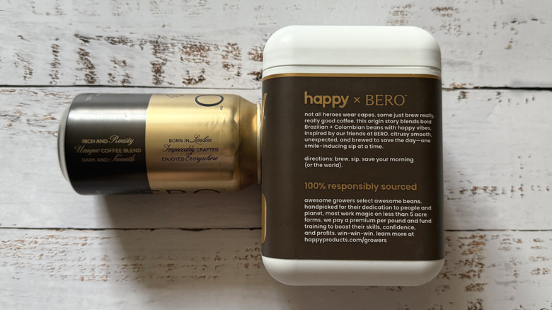 Side of can and canister of the Bero x Happy products
