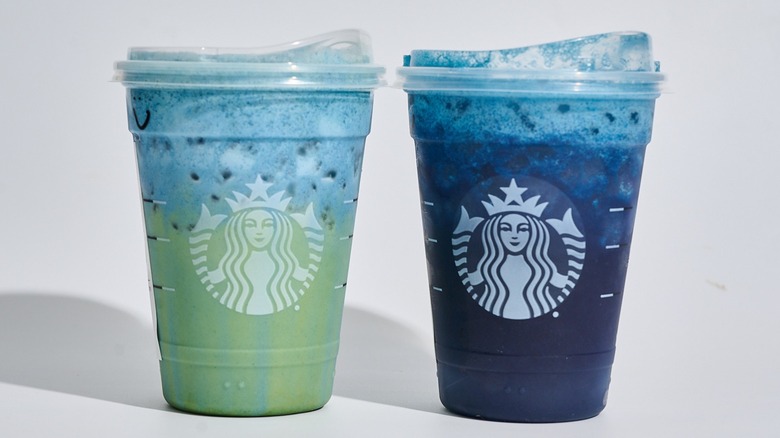 blue coconut matcha and blue coconut lemonade next to each other on a table