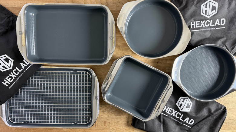 The HexClad set of baking pans next to the packaging