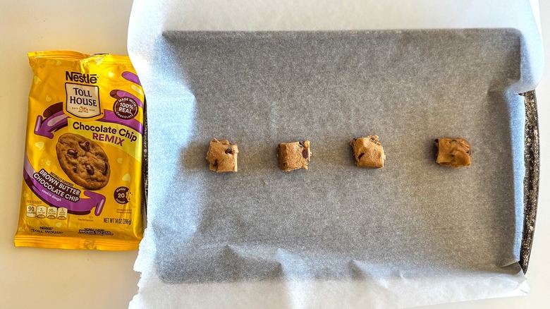 Cookie dough on a sheet with packaging