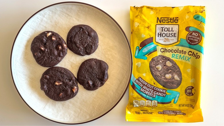 Chocolate chip cookies on a plate with packaging