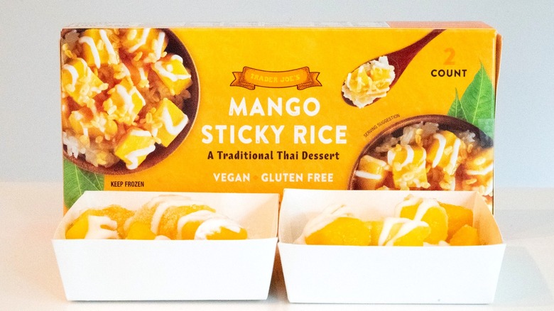 A box of Trader Joe's Mango Sticky Rice turned horizontally on a white background