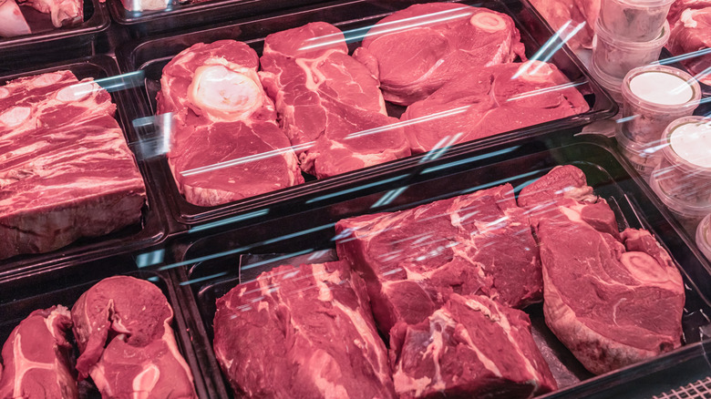 Fresh cut steak inside a meat counter