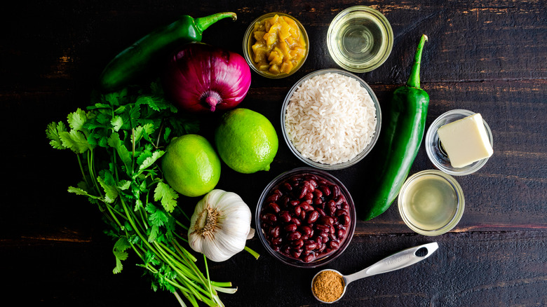 Rice alongside green chiles, herbs, aromatics, and more.