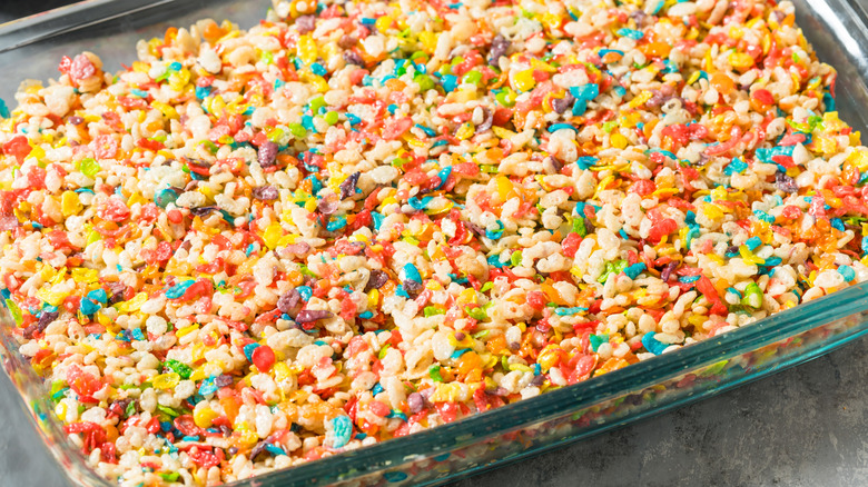 A batch of Rice Krispies Treats with Fruity Pebbles