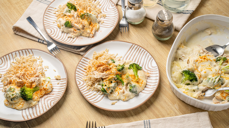 Creamy chicken, rice, and vegetable served on a white decorative plate