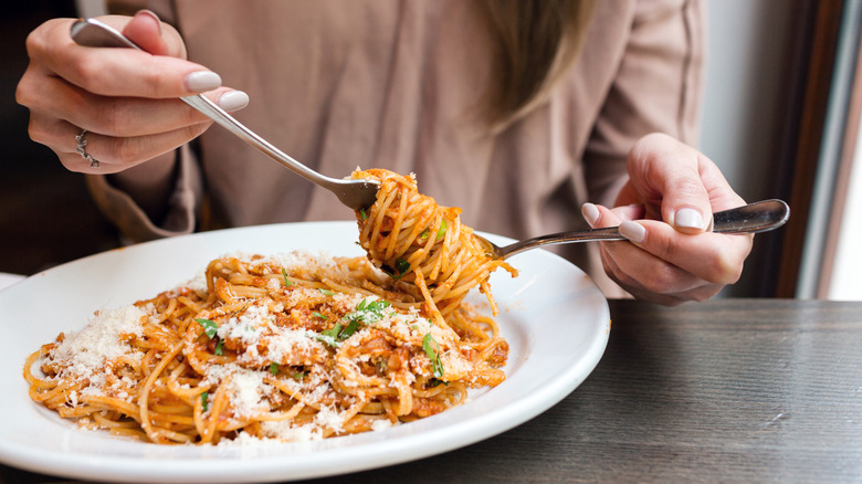 Italian pasta with tomato and meat