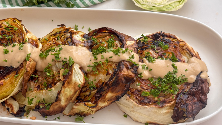Cabbage steaks with tahini drizzle