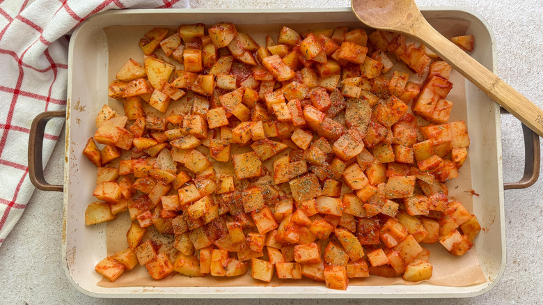 potatoes on baking sheet