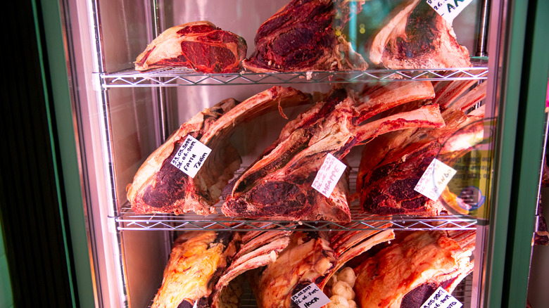 Dry-aged steak in cold storage