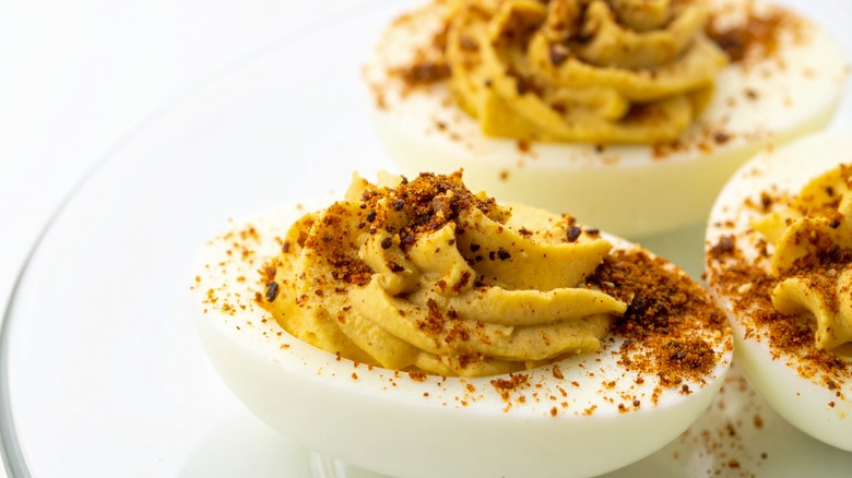 a close-up of dukkah-spiced deviled eggs
