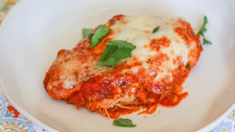 Chicken Parmesan on a plate.