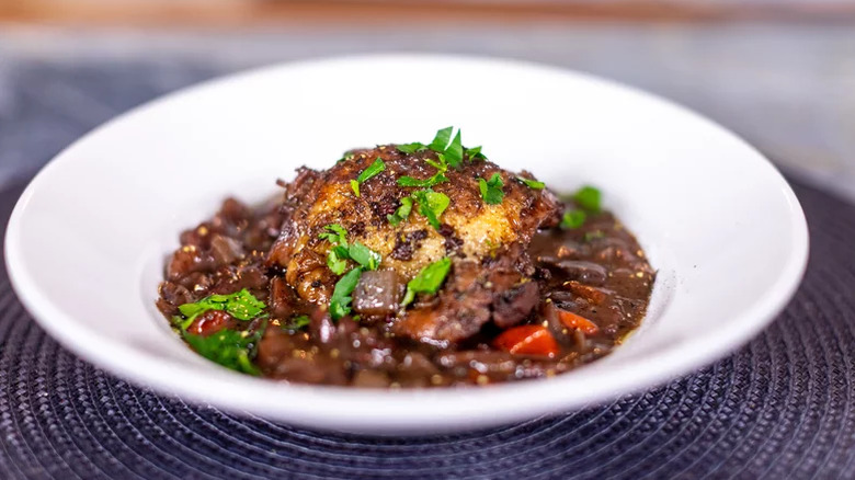 Plate of coq au vin.