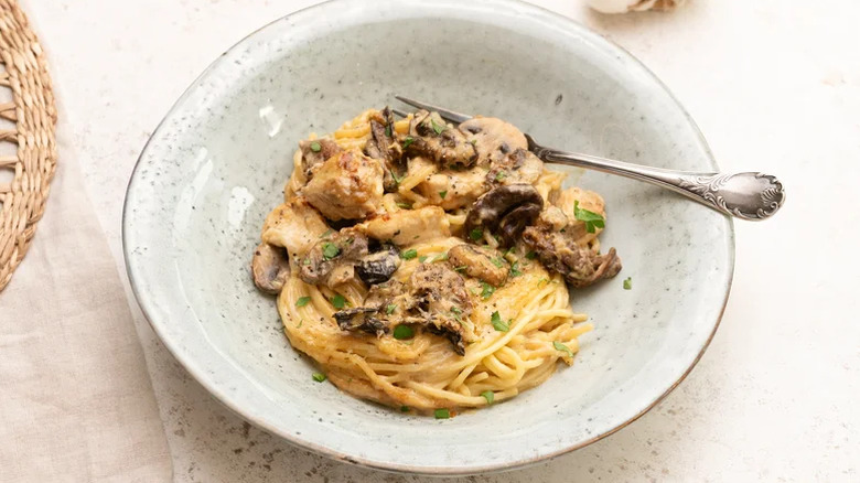 Plate of chicken tetrazzini.